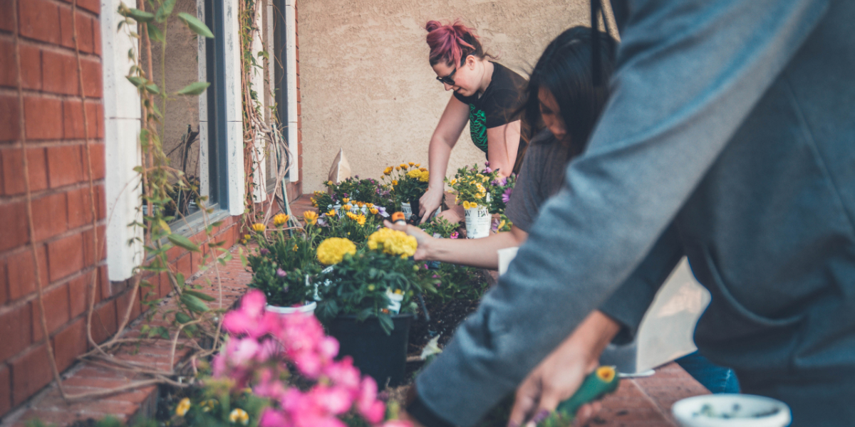 Jugendliche erledigen gemeinsam Gartenarbeit